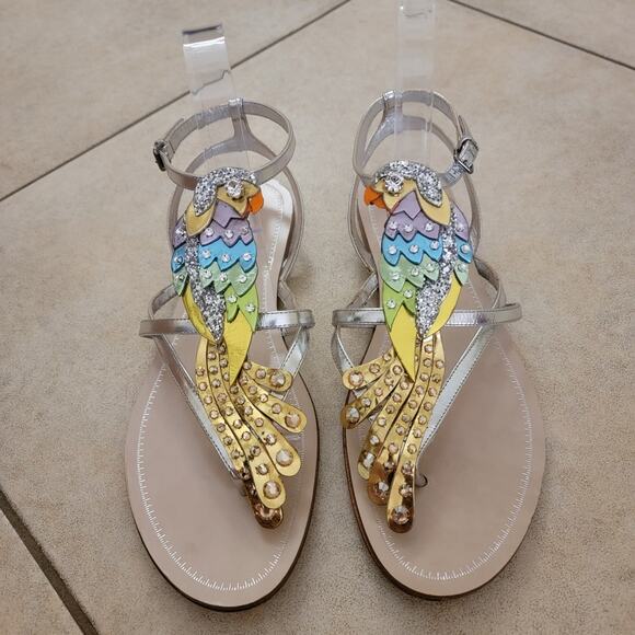 Miu Miu Crystal Parrot Metallic Sandals Silver Gold Embellished Flats 39.5 9.5 - Picture 3 of 12